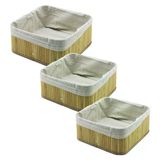 3 Boy Kare Bambu Kenar Organizer Sepet Ahşap Altlık - Bezli 17X17-21X21-26X26cm Go53/01176