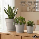 3 Boy Mono Saksı Seti Tabaklı Drenaj Delikli Plastik Çiçek Saksısı Set - Bej
