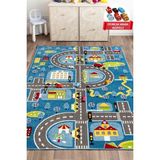 3 Boyutlu Mavi Trafik Arabalı Dokuma Çocuk Oyun Halısı 160x230 - 160 x 230 cm