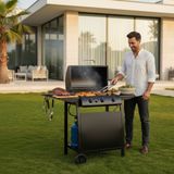 3 Brülörlü Gazlı Mangal Barbekü Termometreli Kapaklı Yan Raflı Tekerlekli Bahçe Mangalı