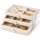 3 Çekmeceli Kadife Şeffaf Takı Kutusu, Krem Renk Mücevher Organizer Saklama Kutusu, Yüzük Küpe Kolye Bileklik Saat Düzenleyici Tozdan Koruyan Polyresin Ev Makyaj Masası İçin Premium Takı Kutusu Seti