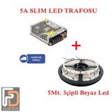 3 Çipli İç Mekan 5 Metre Beyaz Led + 5A Slım Led Trafosu
