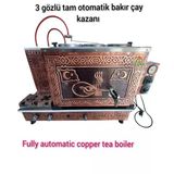3 Gözlü Bakır Çay Ocağı Çiftli Bayrak Ve Osmanlı Tuğra Modelli Bakır Çay Kazanı Elektrik + Tüplü Çay Semaveri
