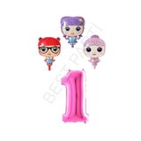 3 Karakter Bebek ve Fuşya Pembe Rakam Folyo Balon Seti Yaş 1