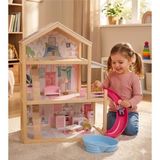 3 Katlı Ahşap Bebek Evi Seti Eşyalı Kaydıraklı Havuzlu Montessori Eğitici Oyuncak - Seçenek 1 - Ahşap - Bej