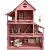 3 Katlı Ahşap Çocuk Oyun Evi, Pembe, Eşyalı, Eğlenceli ve Güvenli Tasarım - Seçenek 1 - Ahşap - Bej