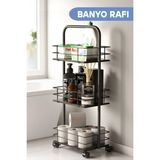 3 Katlı Tekerlekli Metal Organizer Rafı, Demonte, Çok Amaçlı Sepet - Ahşap