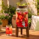 3 Litre Akasya Standlı Cam Sebil, Musluklu İçecek Dispenseri, Ahşap Kapaklı Şeffaf Limonata Su Meyve Suyu ve Soğuk İçecek Sunumluğu