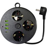 3 Lü Akım Korumalı Priz Makaralı Anahtarlı 16A 4000 Watt 3 X Usb - 1 Type-C 3395
