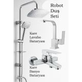 3 Lü Banyo Seti Robot Duş Seti + Kare Lavabo Bataryası + Kare Banyo Bataryası %100 Pirinç krom