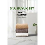 3 lü Kareli Havlu Takımı Bej Beyaz Fume Kahve Yumuşak Pamuk Banyo Havlu Seti 70x140 cm
