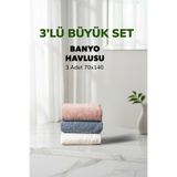 3 lü Kareli Havlu Takımı Beyaz Mavi Pudra Yumuşak Pamuk Banyo Havlu Seti 70x140 cm