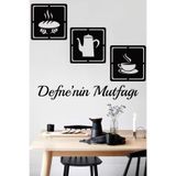 3 lü Kişiye Özel İsimli Mutfak İçin Tablo Mutfak Duvar Dekoru Ekmek Fincan Çaydanlık Siyah 20 cm