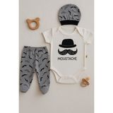 3 Lü Set %100 Pamuk 3-6 / 6-9 / 9-12 Ay Erkek Bebek Bıyıklı Zıbınlı Takım - Beyaz - Açık Gri - 6 - 9 Ay