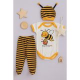3 Lü Set %100 Pamuk 3-6 / 6-9 / 9-12 Ay Unisex Kız Erkek Arılı Zıbınlı Takım - Beyaz - Sarı - Siyah - 6 - 9 Ay
