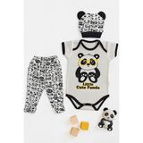 3 Lü Set %100 Pamuk 3-6 / 6-9 / 9-12 Ay Unisex Kız Erkek Pandalı Zıbınlı Takım - Beyaz - Siyah - 3 - 6 Ay