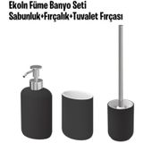 3 Parça Banyo Seti Ekoln Sabunluk, Diş Fırçalık, Tuvalet Fırçası Koyu Gri Renk Stoneware