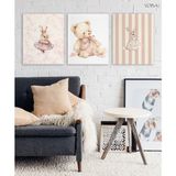 3 Parça Çocuk Odası Için Ayıcık Temalı Mdf Tablo Seti - 20X30 - Pembe Çizgili