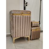 3 Parça Kare Kapuçino Renk Altın Şeritli Lüks Kadife Banyo Kirli Çamaşır Sepeti - Kahverengi - Cappuccino