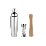 3 Parça Profesyonel Barmen Seti - Paslanmaz Shaker, Ahşap Tokmak, 2/4 Jigger
