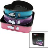 3 Parça Set Metal Kek Kalıp Kelepçeli Kalp - Kare - Yuvarlak (2) - Mavi - Mor - Pembe