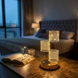 3 Parça Silindirik Kristal Ekose Kareli Led Masa Lambası – Gold Gövdeli, Dokunmatik, 3 Kademe Işık Ayarlı Şarjlı Dekoratif Lamba (5224)
