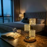 3 Parça Silindirik Kristal Ekose Kareli Led Masa Lambası – Gold Gövdeli, Dokunmatik, 3 Kademe Işık Ayarlı Şarjlı Dekoratif Lamba Go53/1395