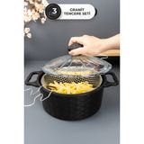 3 Parça Siyah Döküm Granit Tava Seti 24 Cm, Yağ Süzgeçli, Cam Kapaklı, Yapışmaz - Ahşap - Seçenek 1