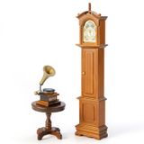 3 parçalı oyuncak bebek evi mobilya aksesuarı, 1/12 ahşap retro minyatür ayaklı saat, yuvarlak masalı vintage fonograf bebek evi oturma odası, yatak odası ve diğer sahneler için uygundur