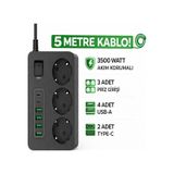 3 Priz 6 Usb Girişli Akım Korumalı Anahtarlı Uzatma Kablosu Type-c + Usb Şarjlı 3000w 5 Metre Kablo 5