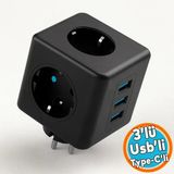 3 Prizli 2 Usb + 1 Type-C Çocuk Termal Kısa Devre Akım Korumalı Topraklı Golyat Grup Şarj Fiş Priz