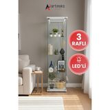 3 Raflı Ledli Cam Vitrin Dolap Gümüşlük Koleksiyon Sergi Kitaplık Büfe Mutfak Raflı Detolf - Beyaz
