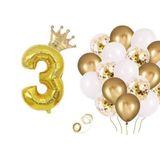 3 Rakam Gold Folyo Balon, Kral Tacı Ve Konfetili Gold Balon