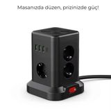 3 Usb-A 1 Type C Çıkışlı Kule Tipi Akım Korumalı Çoklu Priz Tek Tuş Kontrollü Masaüstü Tasarım