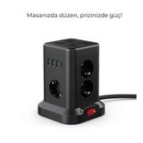 3 USB-A + 1 Type-C Çıkışlı Kule Tipi Çoklu Priz – Akım Korumalı, Tek Tuş Kontrollü Şık Tasarım