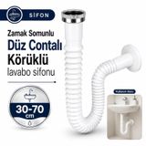 30-70 Cm Zamak Somunlu Lavabo Evye Sifonu Uzun Körüklü Uzar Beyaz Düz Contalı Plastik Gider Borusu