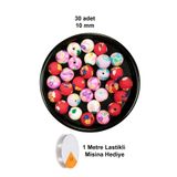 30 Adet 10 Mm Polimer Kil Fimo Boncuk Takı Bileklik + 1 Metre Lastikli Misina Hediye - Desenli Yuvarlak