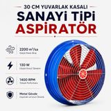 30 Cm Sanayi Tipi Aspiratör Fan 2200 M³/Sa 220 V Monofaze Yuvarlak Metal Kasalı 130 W Ip44
