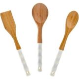 30 cm Silikon Saplı Kepçe, Kaşık ve Spatula Seti, Beyaz Renk - Ahşap - Bej - Siyah - Seçenek 1