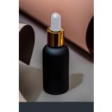 30 ml Mat Siyah Cam Damlalıklı Serum Şişesi 30 cc Renkli Metal Kapaklı Dropper Cam Şişe 1 Adet (Gold Yüzük | Beyaz Lastik)
