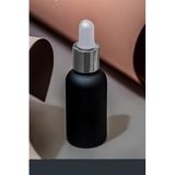 30 ml Mat Siyah Cam Damlalıklı Serum Şişesi 30 cc Renkli Metal Kapaklı Dropper Cam Şişe 1 Adet (Gümüş Yüzük | Beyaz Lastik)