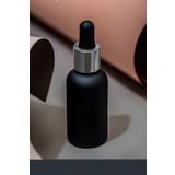 30 ml Mat Siyah Cam Damlalıklı Serum Şişesi 30 cc Renkli Metal Kapaklı Dropper Cam Şişe 1 Adet (Gümüş Yüzük | Siyah Lastik)