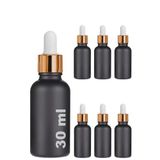 30 ml Mat Siyah Cam Damlalıklı Serum Şişesi 30 cc Renkli Metal Kapaklı Dropper Cam Şişe 6 Adet (Gold Yüzük | Beyaz Lastik)