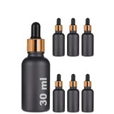 30 ml Mat Siyah Cam Damlalıklı Serum Şişesi 30 cc Renkli Metal Kapaklı Dropper Cam Şişe 6 Adet (Gold Yüzük | Siyah Lastik)