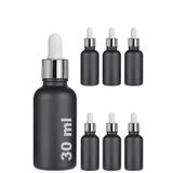 30 ml Mat Siyah Cam Damlalıklı Serum Şişesi 30 cc Renkli Metal Kapaklı Dropper Cam Şişe 6 Adet (Gümüş Yüzük | Beyaz Lastik)