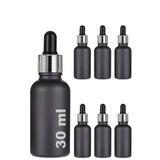30 ml Mat Siyah Cam Damlalıklı Serum Şişesi 30 cc Renkli Metal Kapaklı Dropper Cam Şişe 6 Adet (Gümüş Yüzük | Siyah Lastik)
