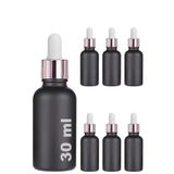30 ml Mat Siyah Cam Damlalıklı Serum Şişesi 30 cc Renkli Metal Kapaklı Dropper Cam Şişe 6 Adet (Rose Gold Yüzük | Beyaz Lastik)