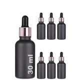 30 ml Mat Siyah Cam Damlalıklı Serum Şişesi 30 cc Renkli Metal Kapaklı Dropper Cam Şişe 6 Adet (Rose Gold Yüzük | Siyah Lastik)