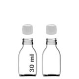30 ml Sızdırmaz Kapaklı Şeffaf Shot Şişesi 30 Cc Ginger Şat Beyaz Cam Şişe 2 Adet (Kilitli Plastik Beyaz Kapak)