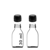 30 ml Sızdırmaz Kapaklı Şeffaf Shot Şişesi 30 Cc Ginger Şat Beyaz Cam Şişe 2 Adet (Kilitli Plastik Siyah Kapak)